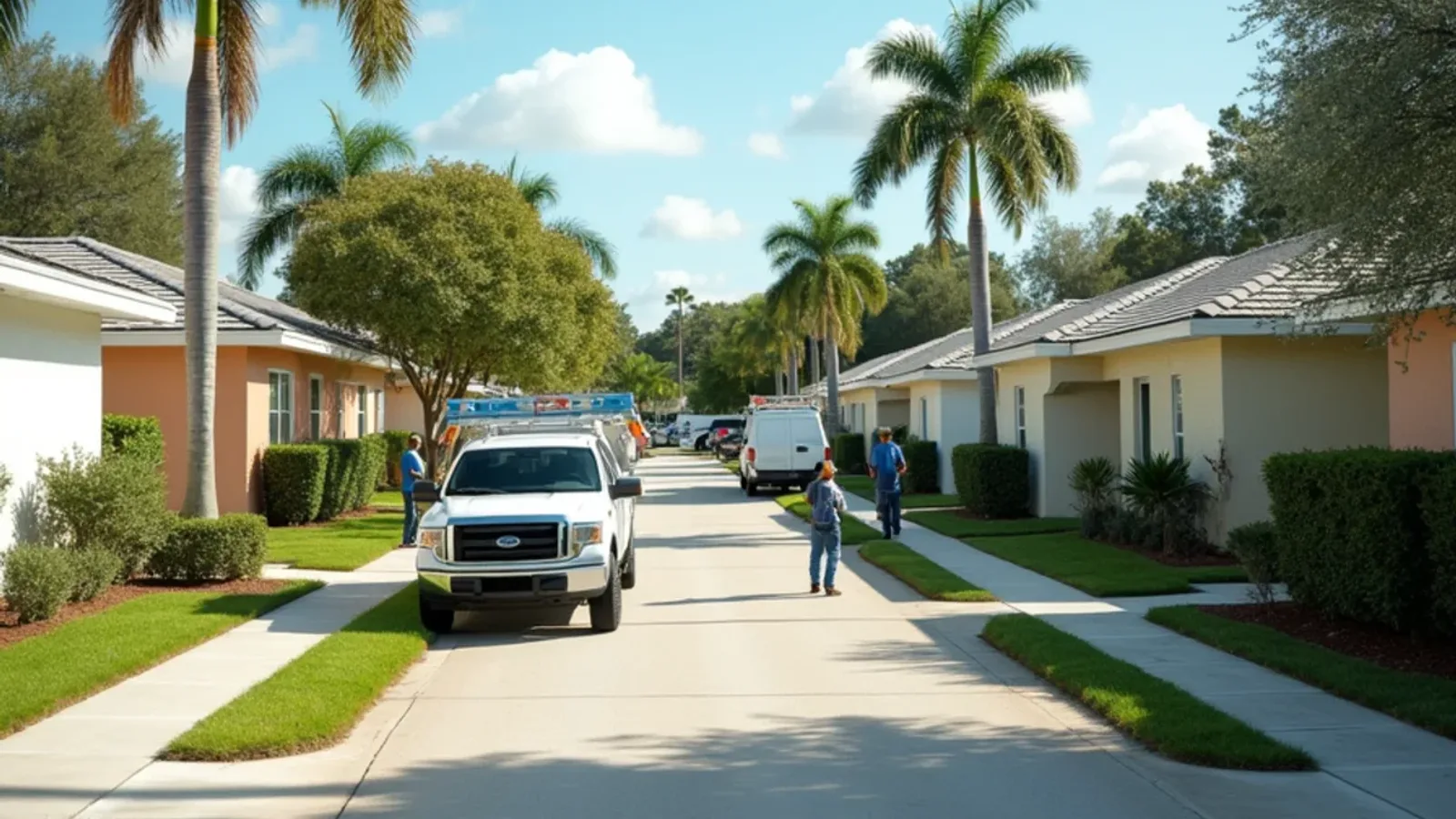 North Lauderdale cul-de-sac of 1970s block homes with short gutter runs and a pickup in one driveway