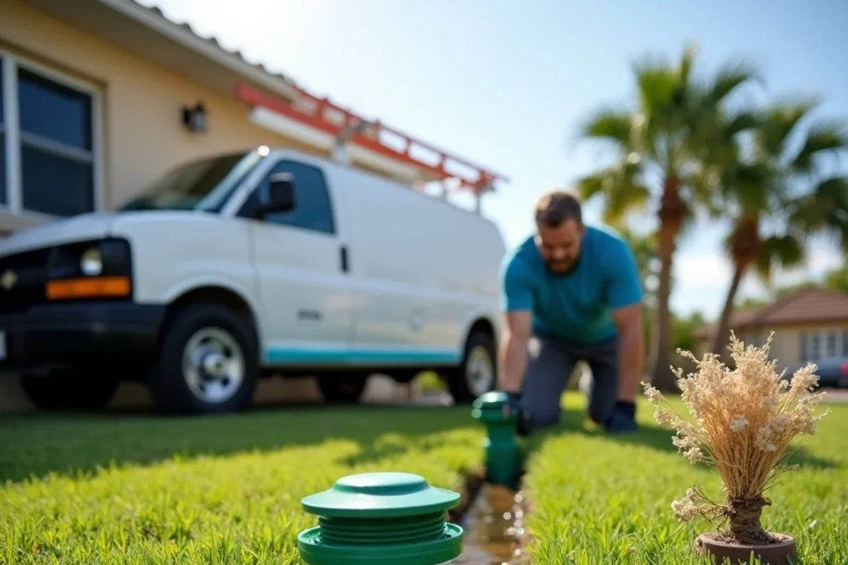 Buried downspout line ending at a pop-up emitter in a low Oakland Park front lawn