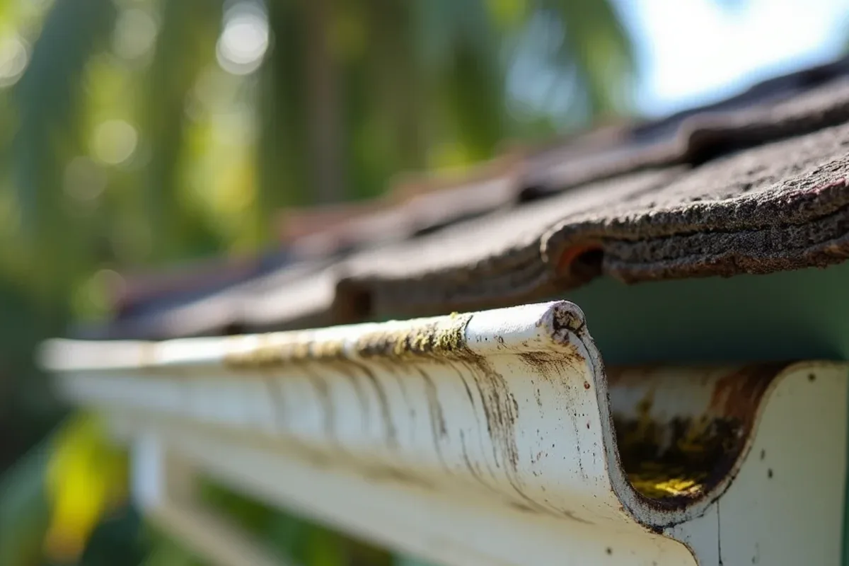 Black mildew streaks and green algae on an older gutter in humid Ojus