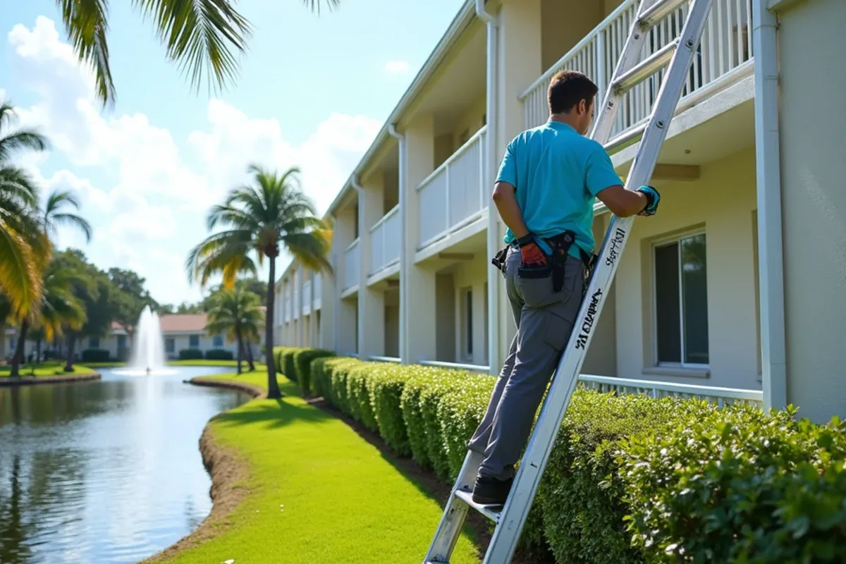 Low-rise Palm Beach County 55+ condo building with long gutter runs over entry walkways