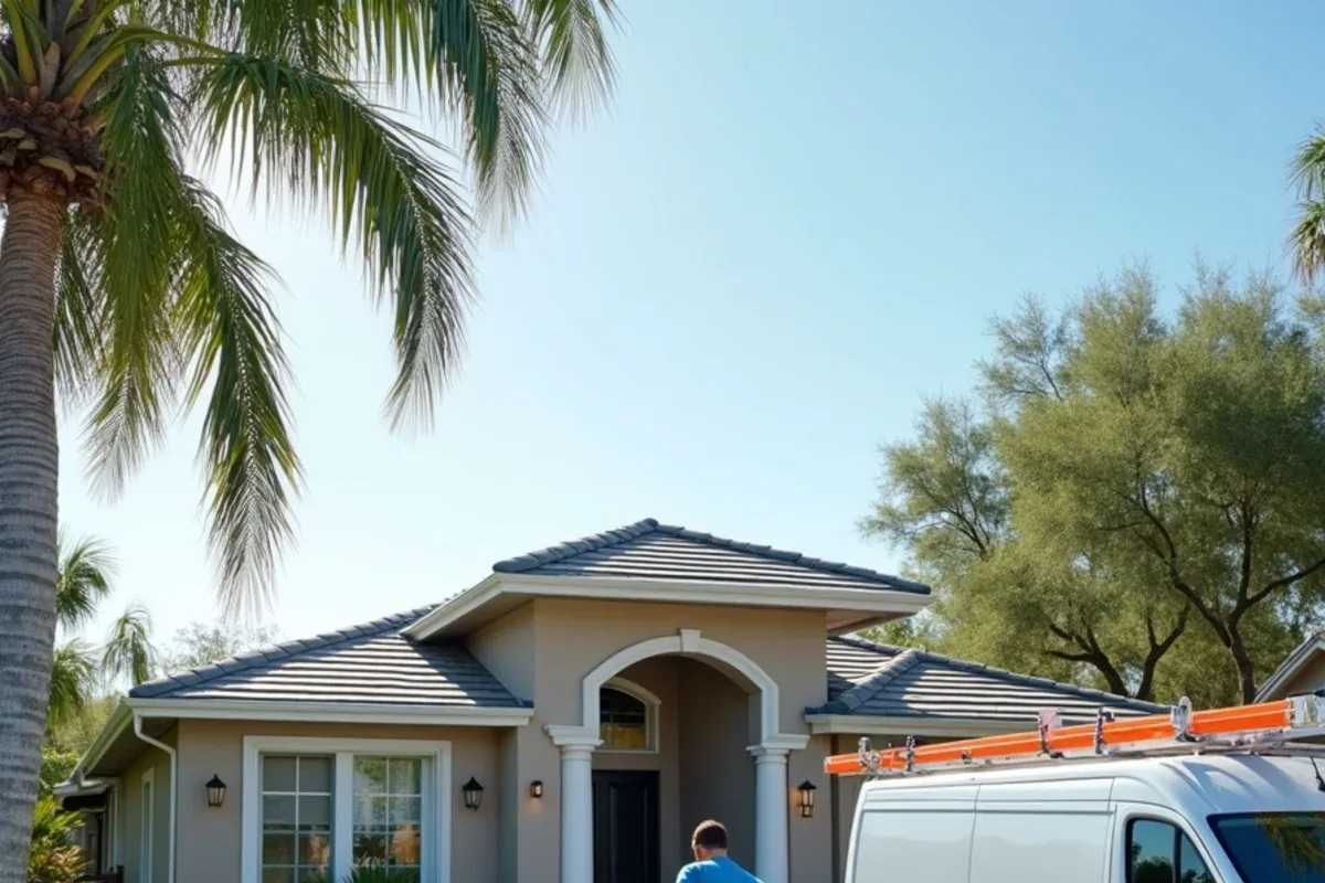 New western Palm Beach County home with concrete tile roof and color-matched gutters by a lake