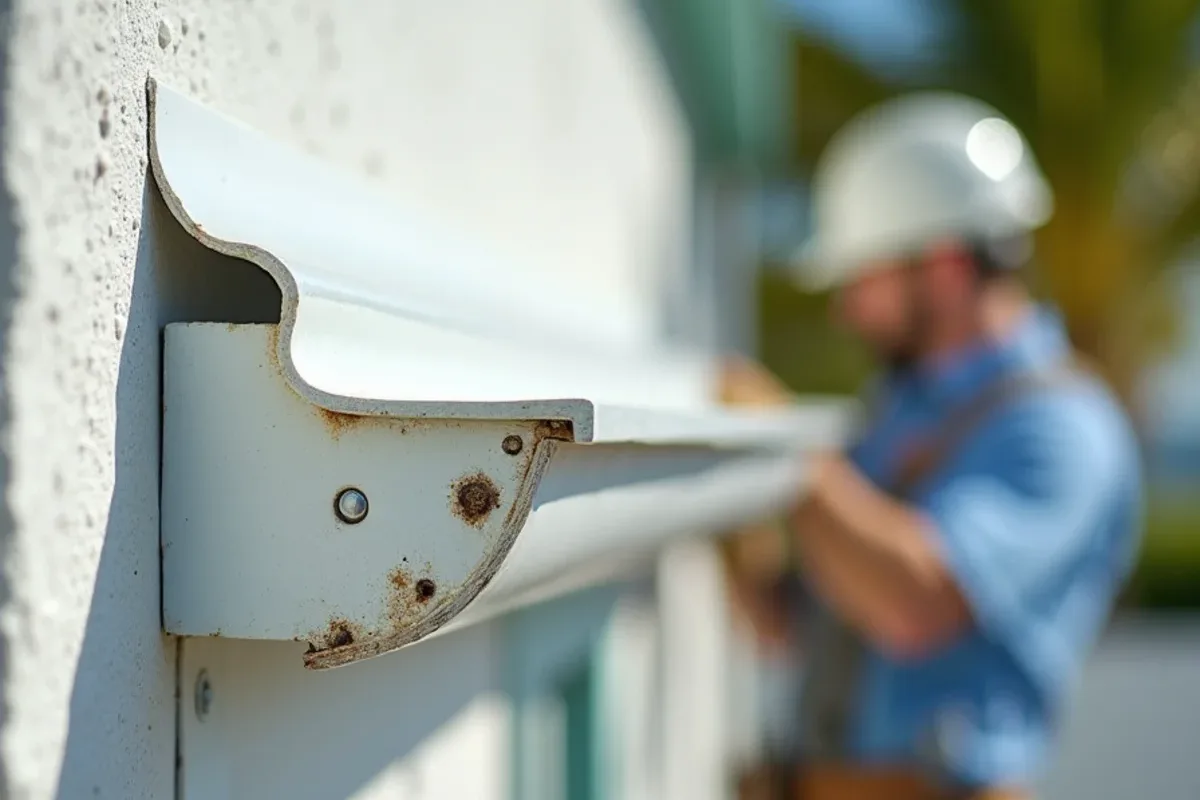 Salt-air corrosion on gutter end cap and fasteners on a Palm Beach County barrier island home