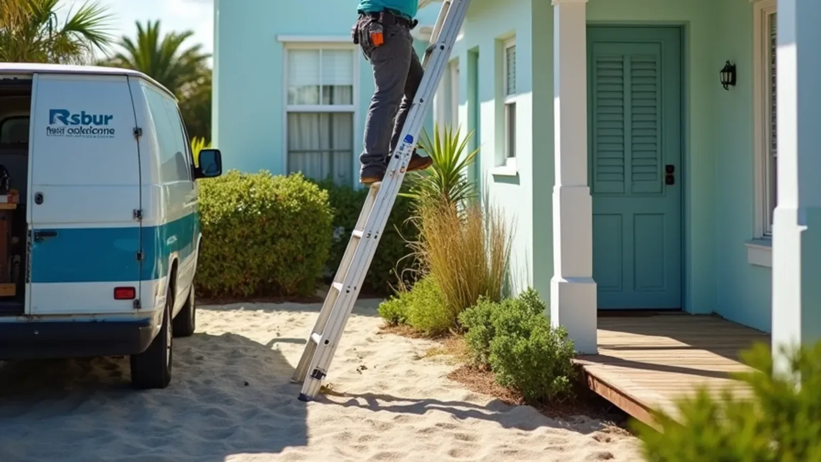 Technician fitting a seamless gutter on a barrier-island coastal home in Palm Beach County