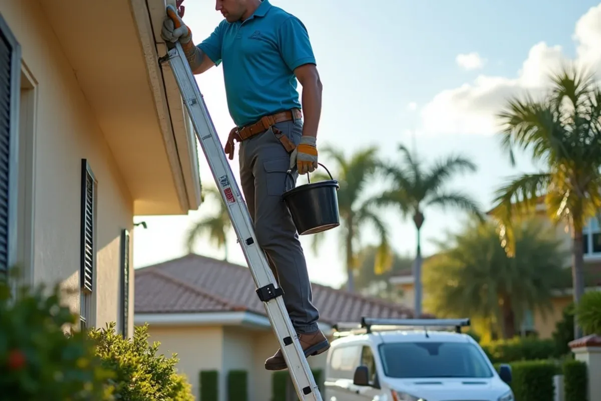 Gutter technician on a standoff ladder cleaning a two-story eave in a gated Parkland community