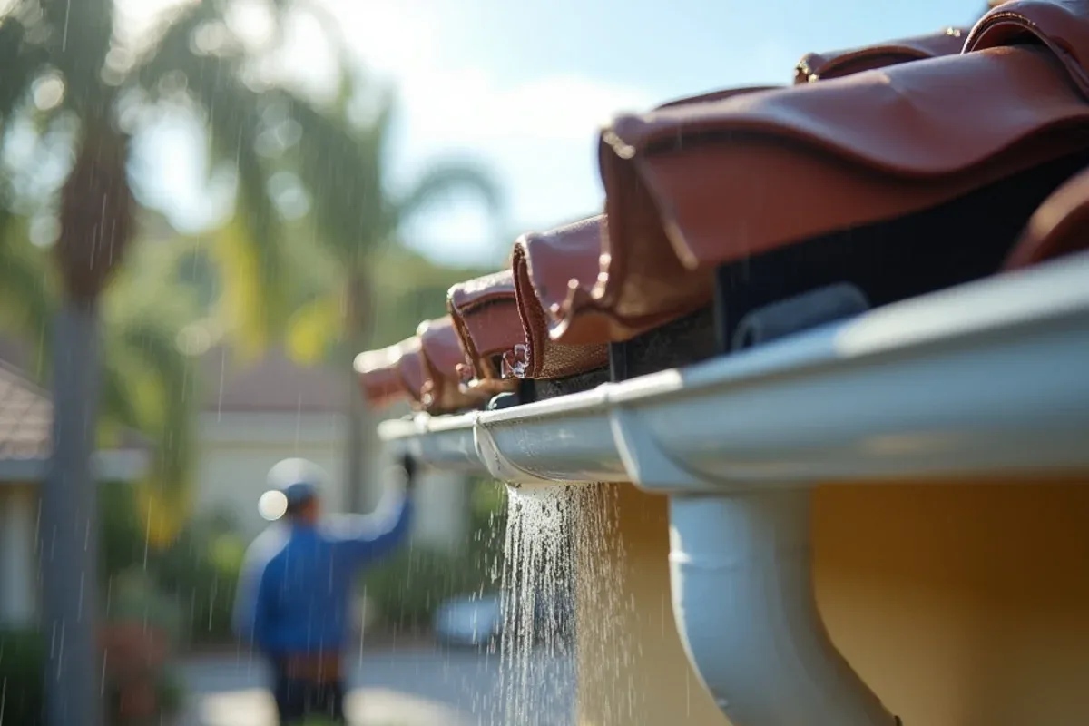 Rainwater overshooting a gutter corner below a barrel tile valley on a Pembroke Pines home