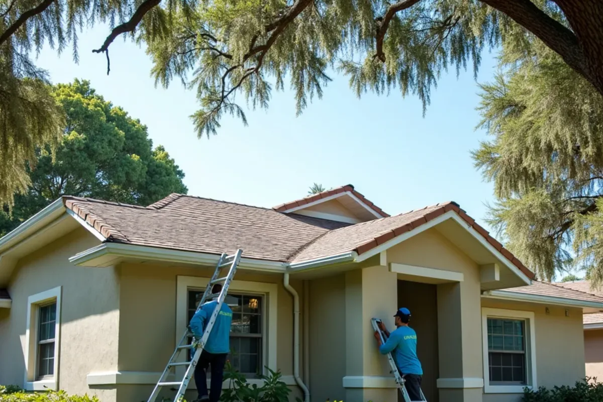 1950s Plantation ranch home roofline with cross gables and many gutter corners under oak shade