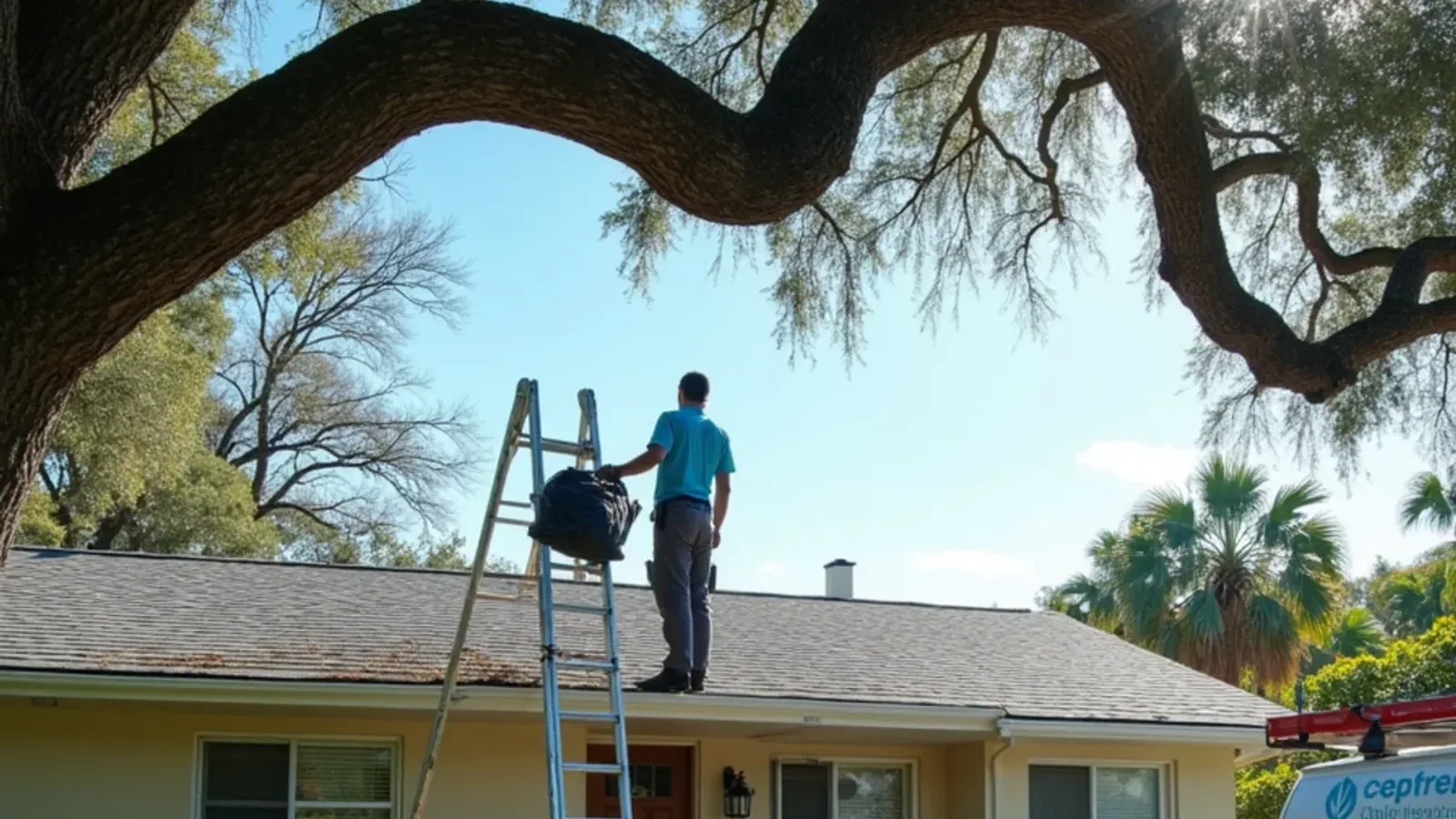 Dry-season leaf and mahogany pod drop over a Plantation ranch home as a technician clears the gutter