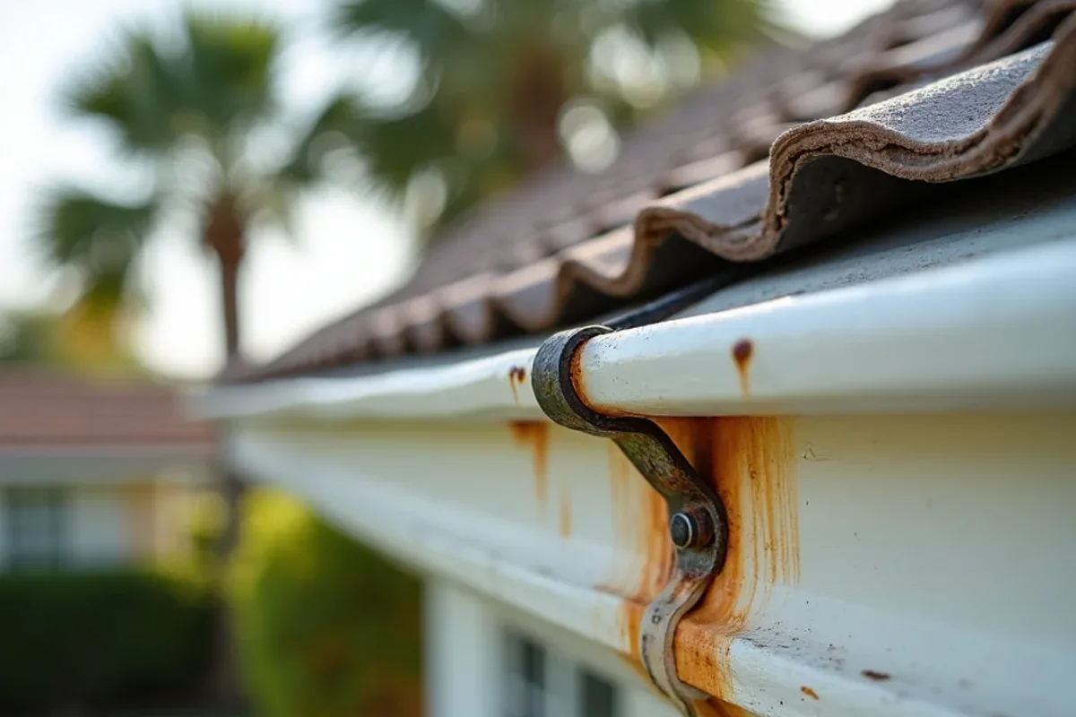 Rusted steel gutter hanger streaking the fascia of a 1950s Pompano Beach ranch home