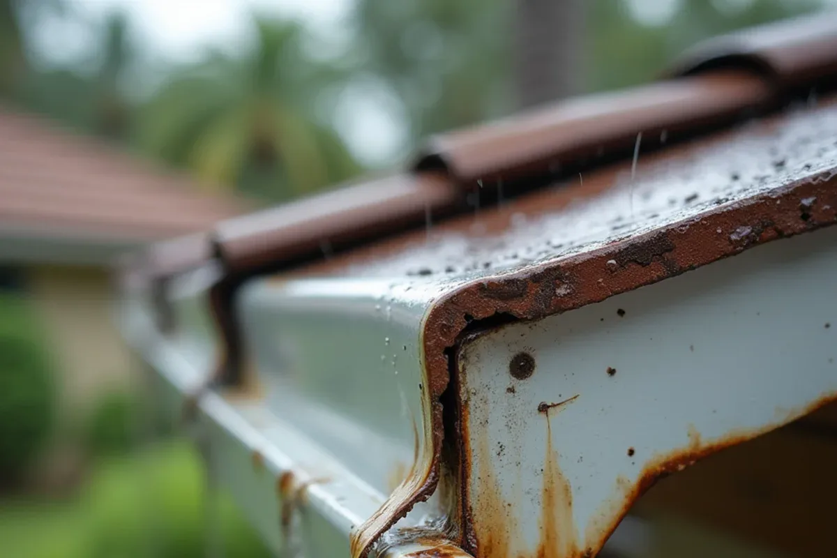 Dripping sectional gutter seam and bent hanger on an older Sandalfoot Cove home