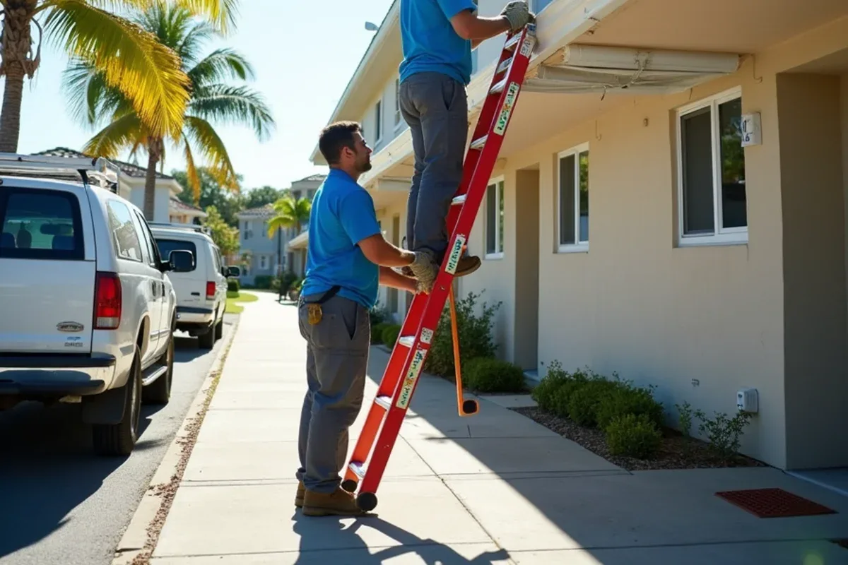 Crew hanging one-piece seamless gutter on canal-side townhouses in Sandalfoot Cove