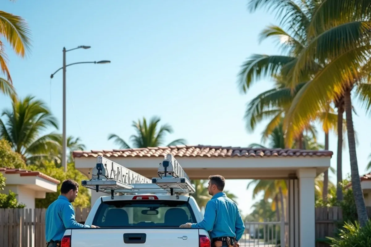 Plain white pickup with ladders checking in at a Sea Ranch Lakes residential guardhouse