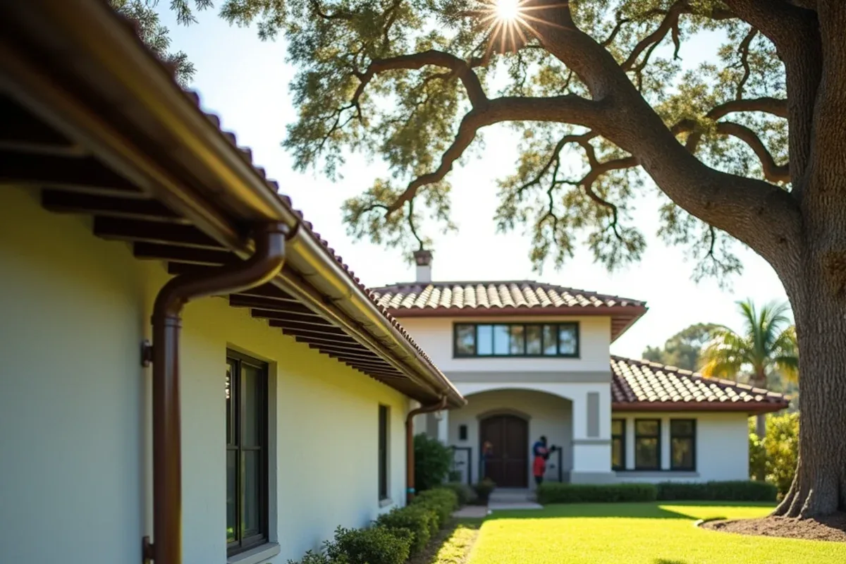 Long bronze seamless gutter run with several downspouts on a Southwest Ranches estate roof
