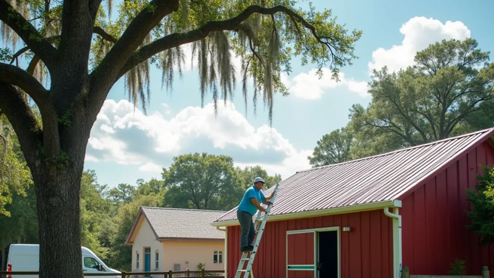 Southwest Ranches stable gutter under summer oak growth with a technician on a ladder