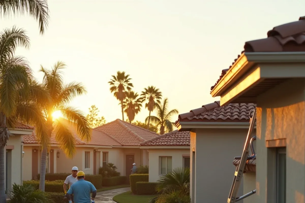 Row of 1990s tile-roof homes in a western Sunrise HOA with matching almond seamless gutters