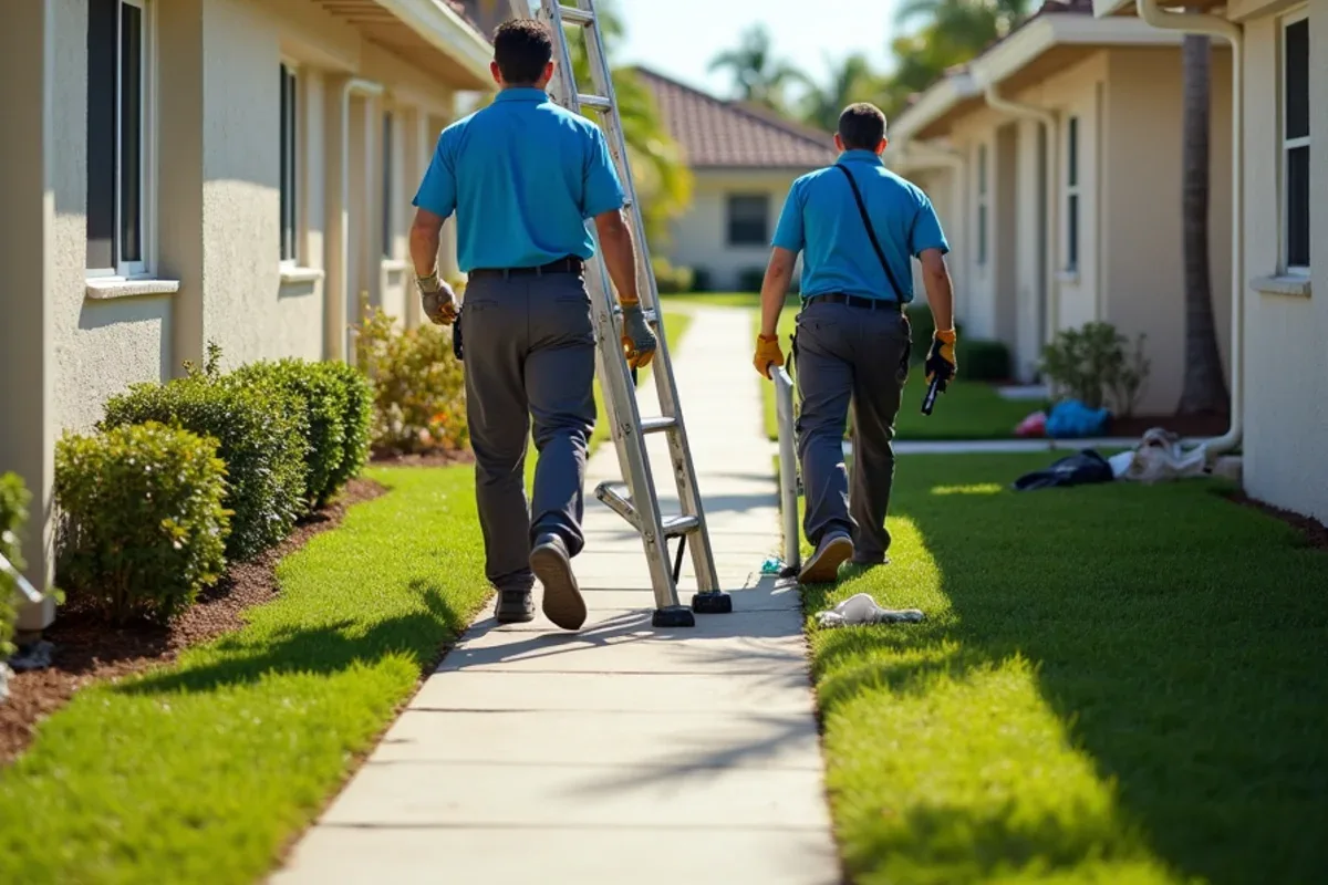 Crew cleaning a shared gutter run across attached villas in a Tamarac 55+ community