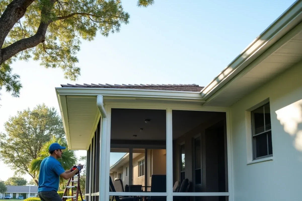 Screened patio directly beneath the gutter line of an attached Tamarac villa unit