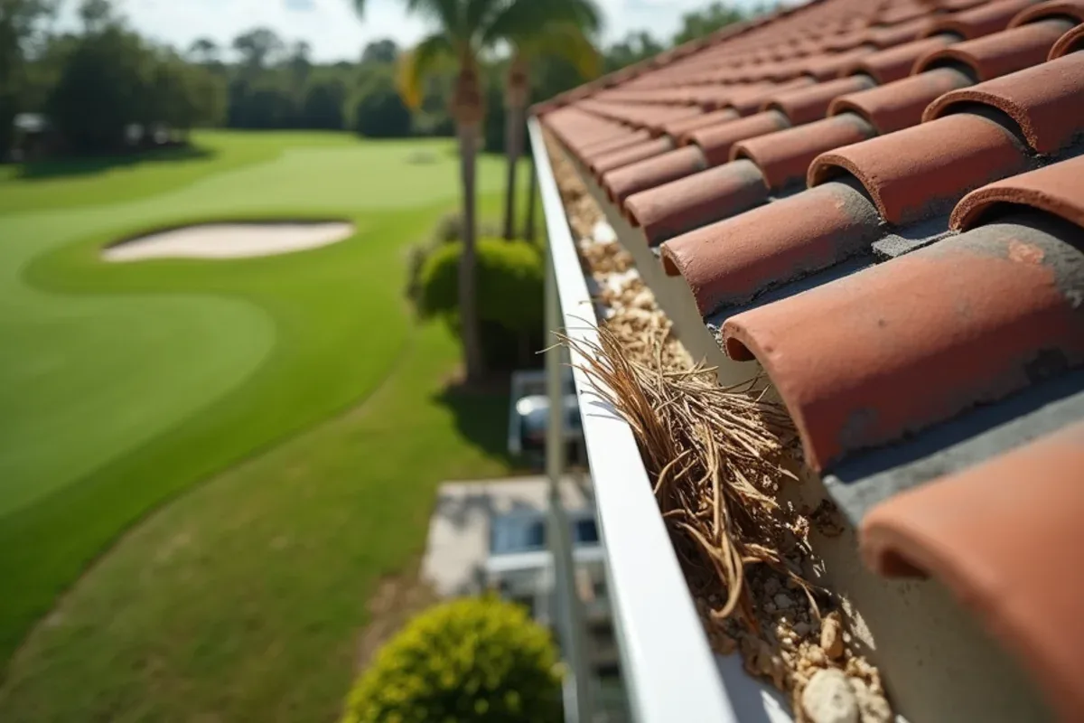 Tamarac golf-course home with palm debris and leaves in the gutter beside an open fairway