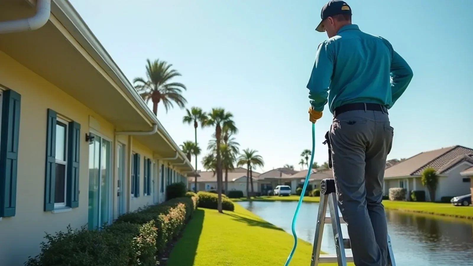 Technician water-testing a long shared gutter run on an attached Tamarac villa building by a lake