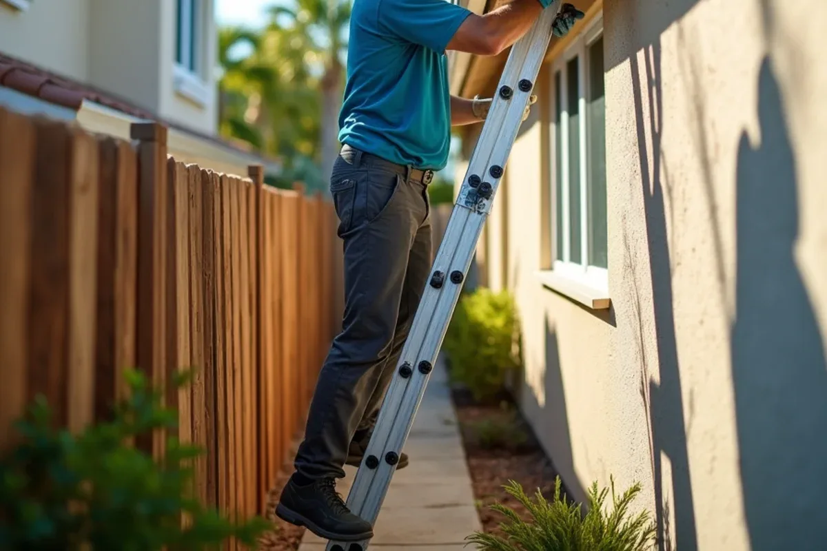 Stabilized aluminum ladder set in a narrow Watergate side yard between two homes