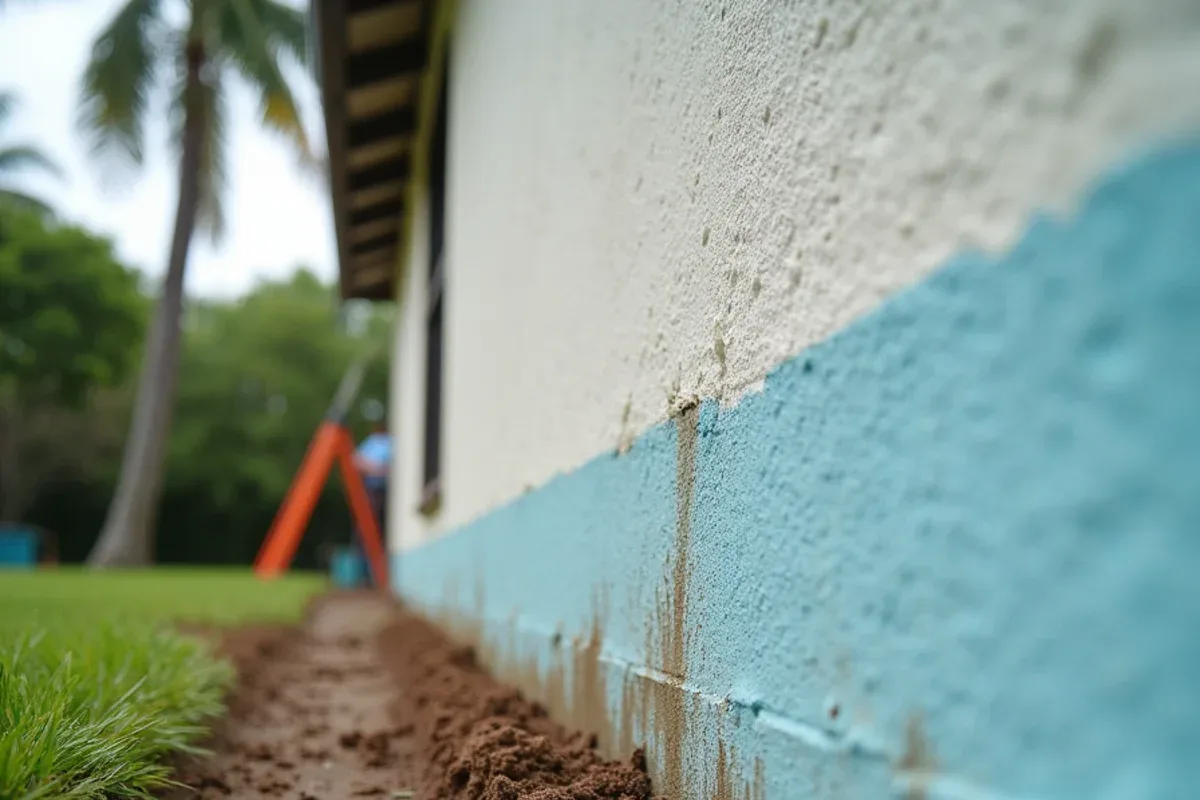 Roof edge without gutters showing splash-back stains on a West Park home's stucco wall