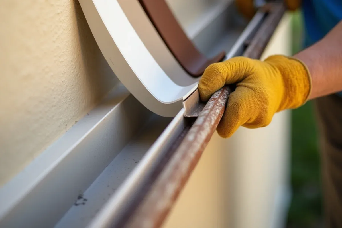 Gutter color samples held against stucco and fascia for a Weston HOA approval
