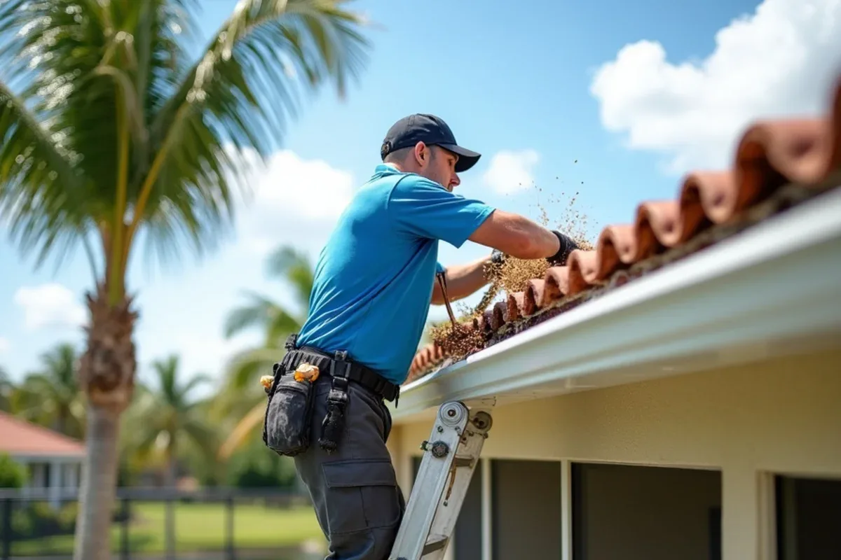 Technician cleaning a tile-roof gutter over a screened lanai at a Weston home