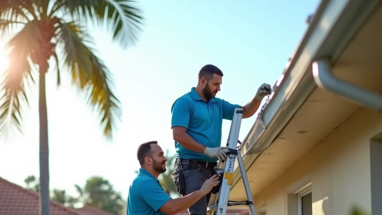 Gutter services in South Florida: crew installing a seamless gutter while another cleans a downspout