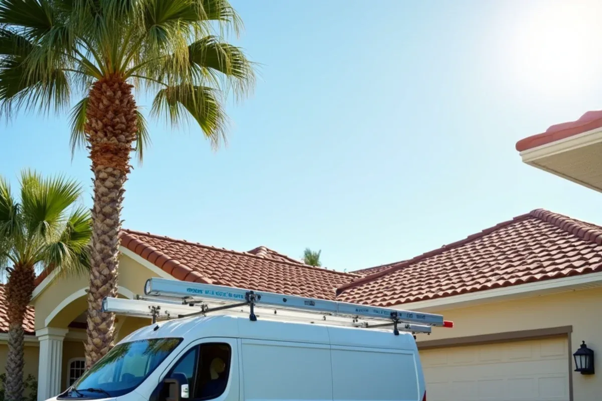 Plain white work van with aluminum extension ladders parked at a South Florida stucco home