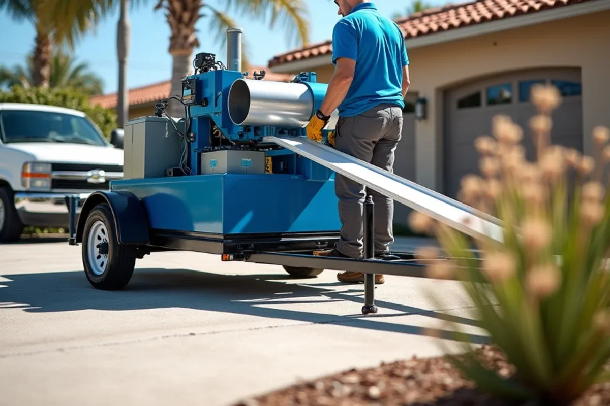 Seamless gutter machine forming a continuous aluminum K-style run beside a driveway