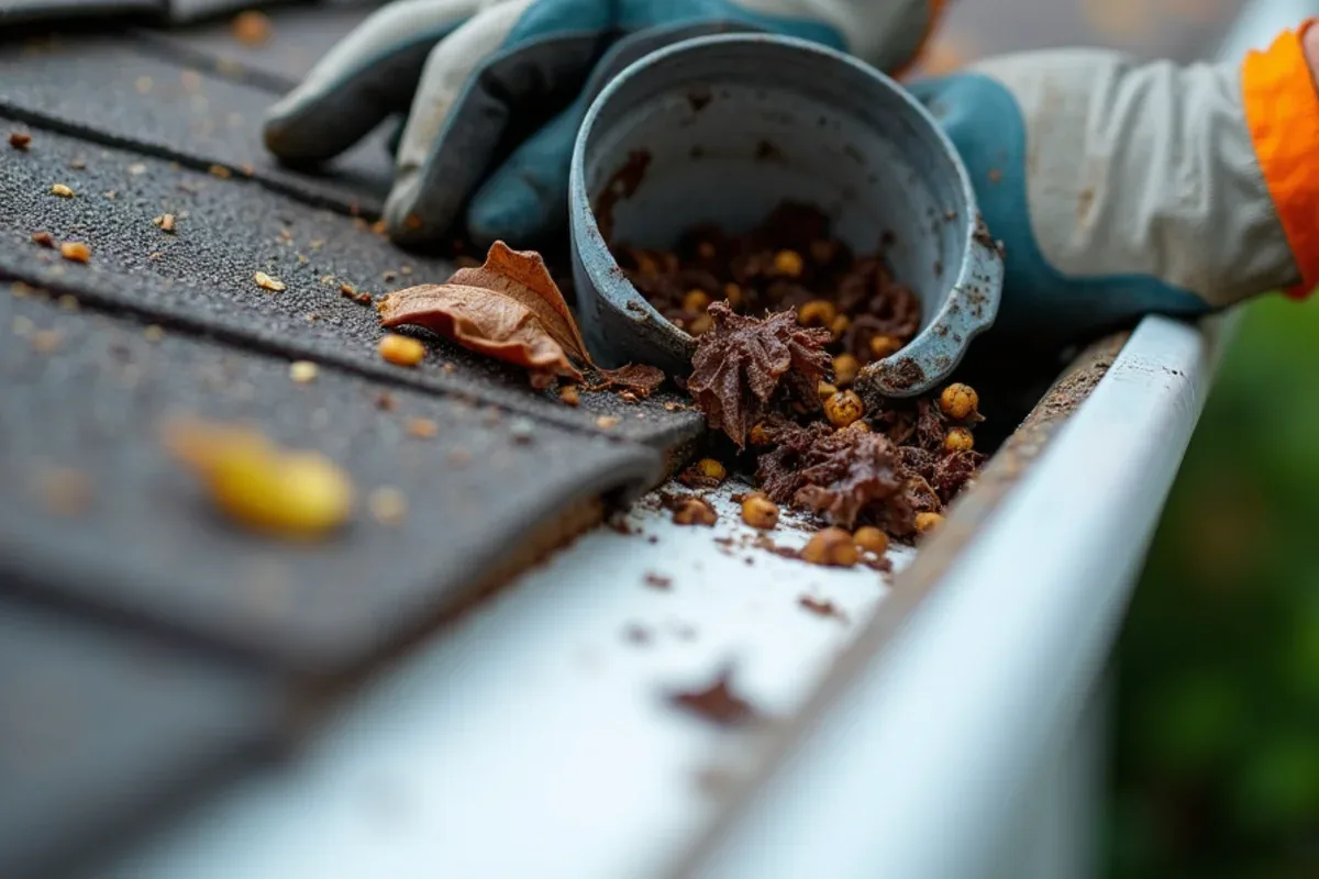 Gloved hand scooping wet leaves and seed pods from a gutter into a hanging bucket
