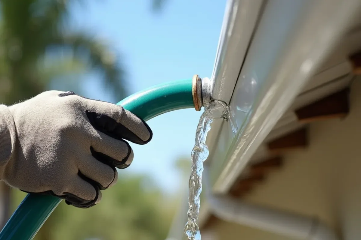Garden hose running water into a cleaned gutter to test downspout flow