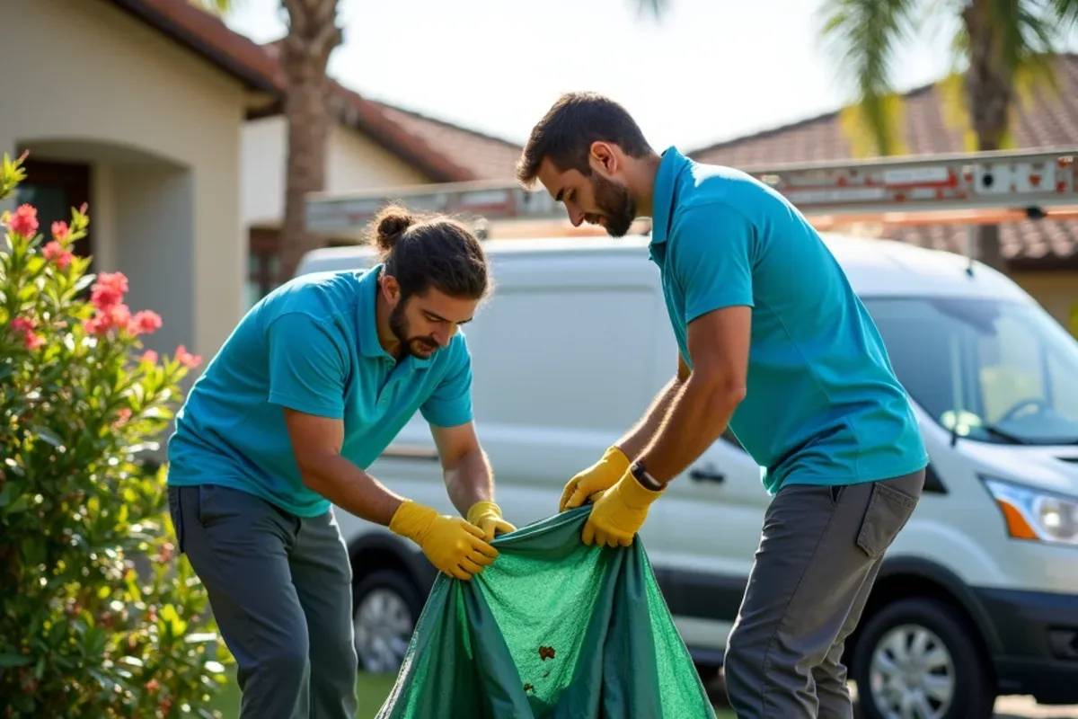 Technician folding a ground tarp full of gutter debris into a contractor bag