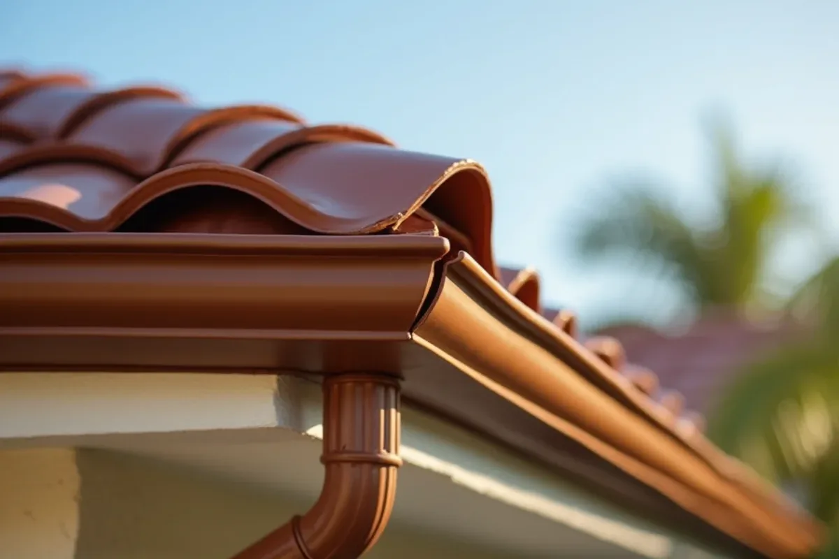 Finished seamless gutter with a clean mitered corner on a tile-roof home