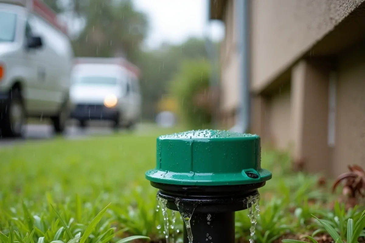 Pop-up drainage emitter releasing downspout water across a lawn away from the house