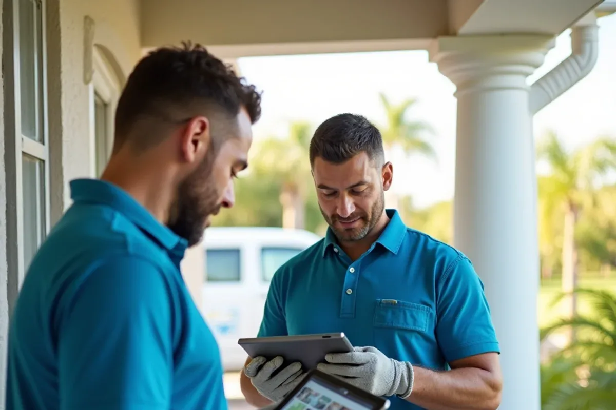 Gutter technician showing before and after photos on a tablet to a homeowner