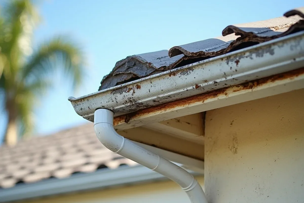 Before soffit and fascia repair: rotted fascia, stained soffit and a tilting gutter on a ranch home eave