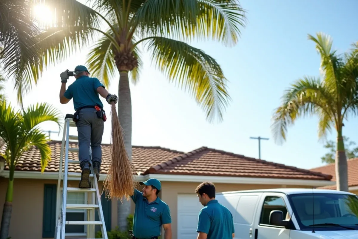 Crew lowering storm-blown palm fronds from a roof edge into a debris bag