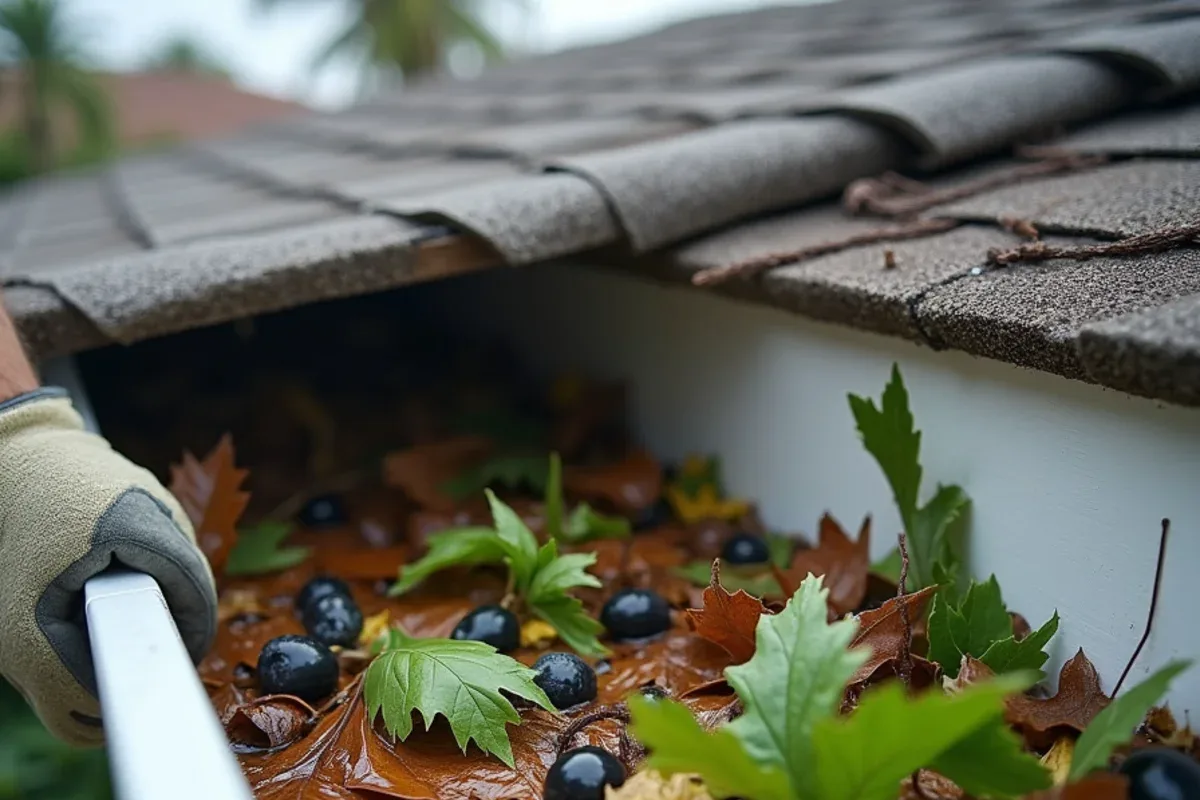 Gutter trough packed with storm-blown leaves, seed pods and twigs before clean-out