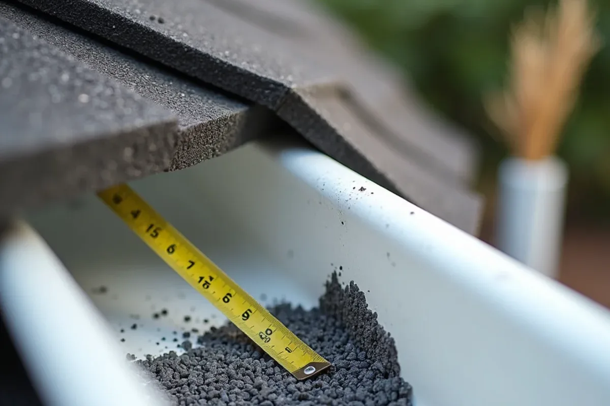 Shingle granules and a branch dent revealed in a gutter after debris removal