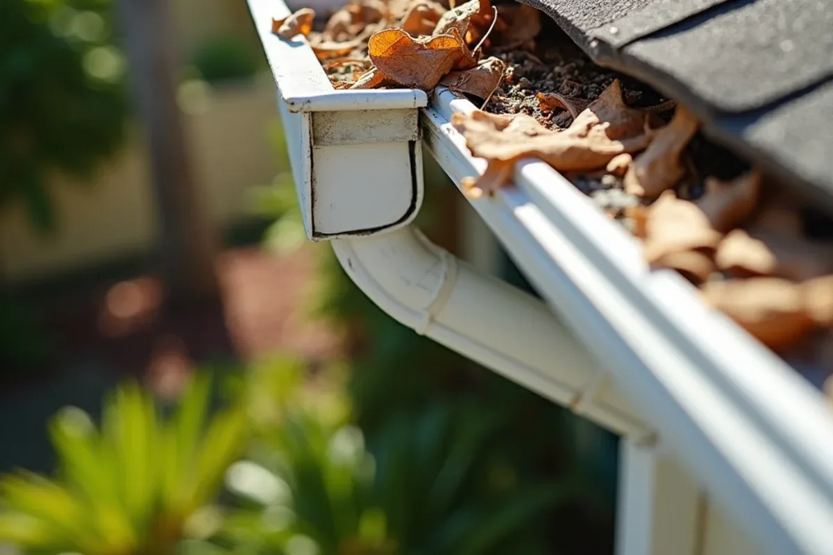 Before storm debris cleanout: twigs and leaves packed in a gutter corner with a detached downspout extension