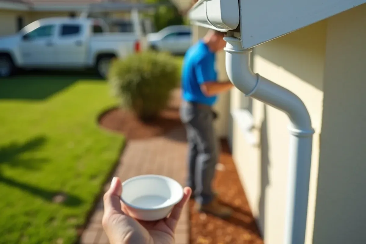 After storm debris cleanout: clear gutter corner and reattached downspout extension on a stucco home