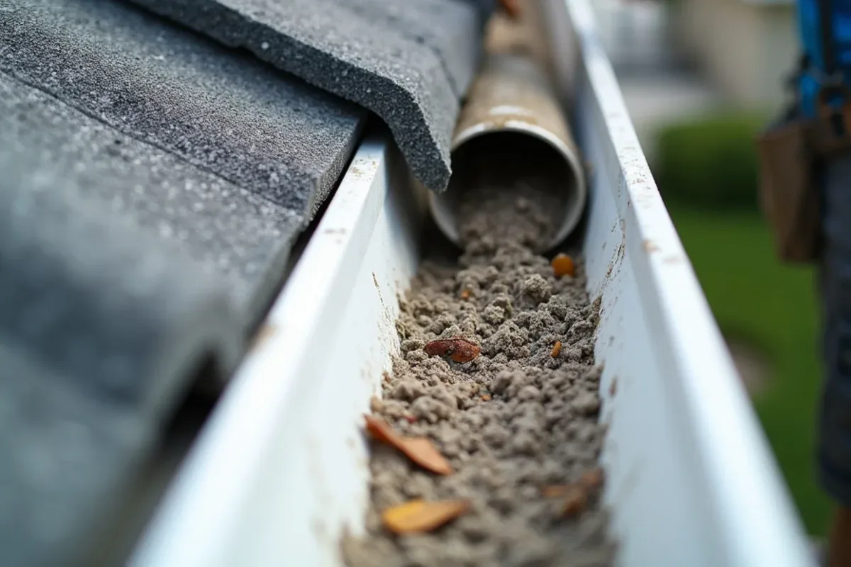 Gray grit and leaf sludge washed off a concrete tile roof sitting in a gutter