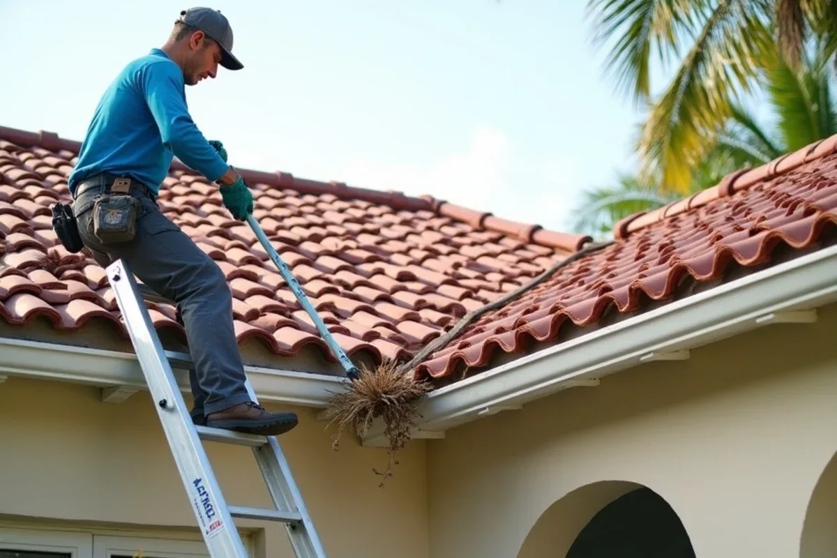 Extension scoop reaching from a ladder to pull palm debris out of a tile roof valley