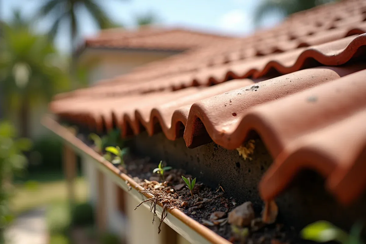 Before tile roof gutter cleaning: bronze gutter under barrel tile packed with leaves and sprouting seedlings