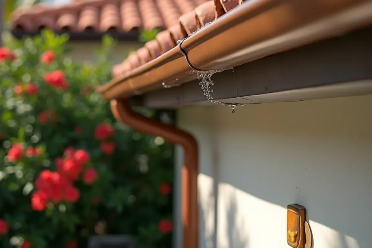 After tile roof gutter cleaning: clear bronze gutter and intact barrel tile course on a Mediterranean-style home