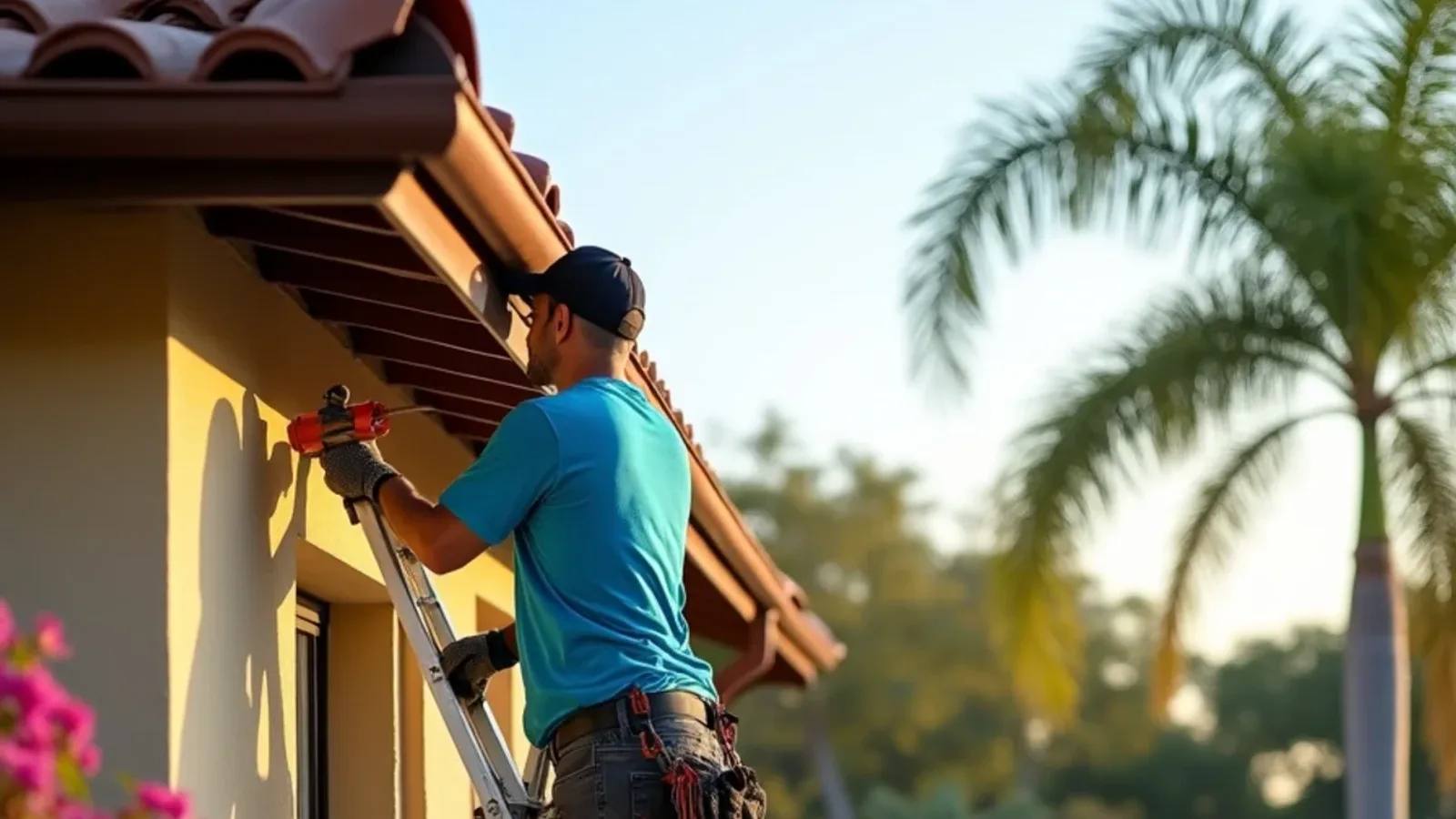 Technician on a ladder cleaning a bronze gutter below a terracotta barrel tile roof
