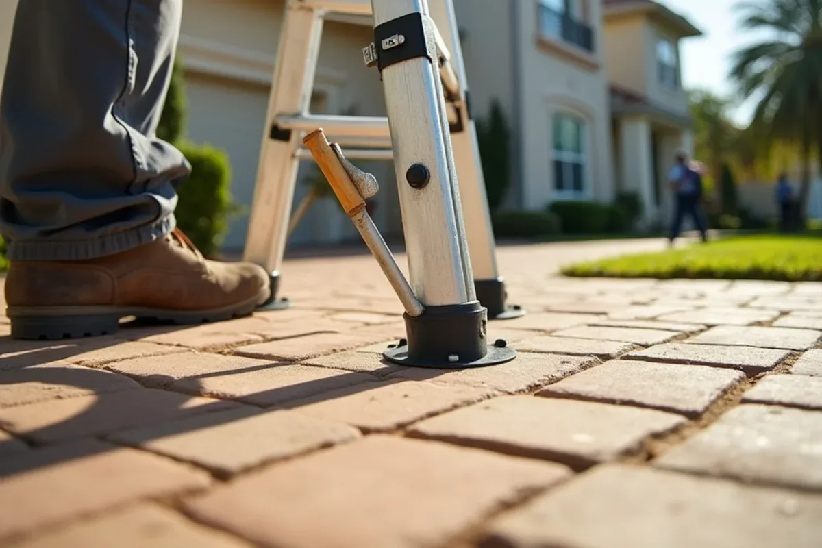 Ladder leveler adjusted on a sloped paver driveway before a second-story gutter climb