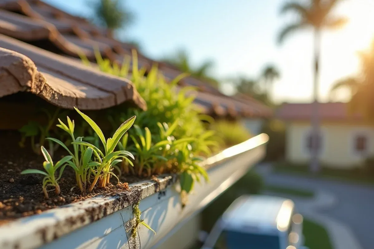 Before two-story gutter cleaning: upper gutter with sprouting plants and overflow streaks on a tall stucco home