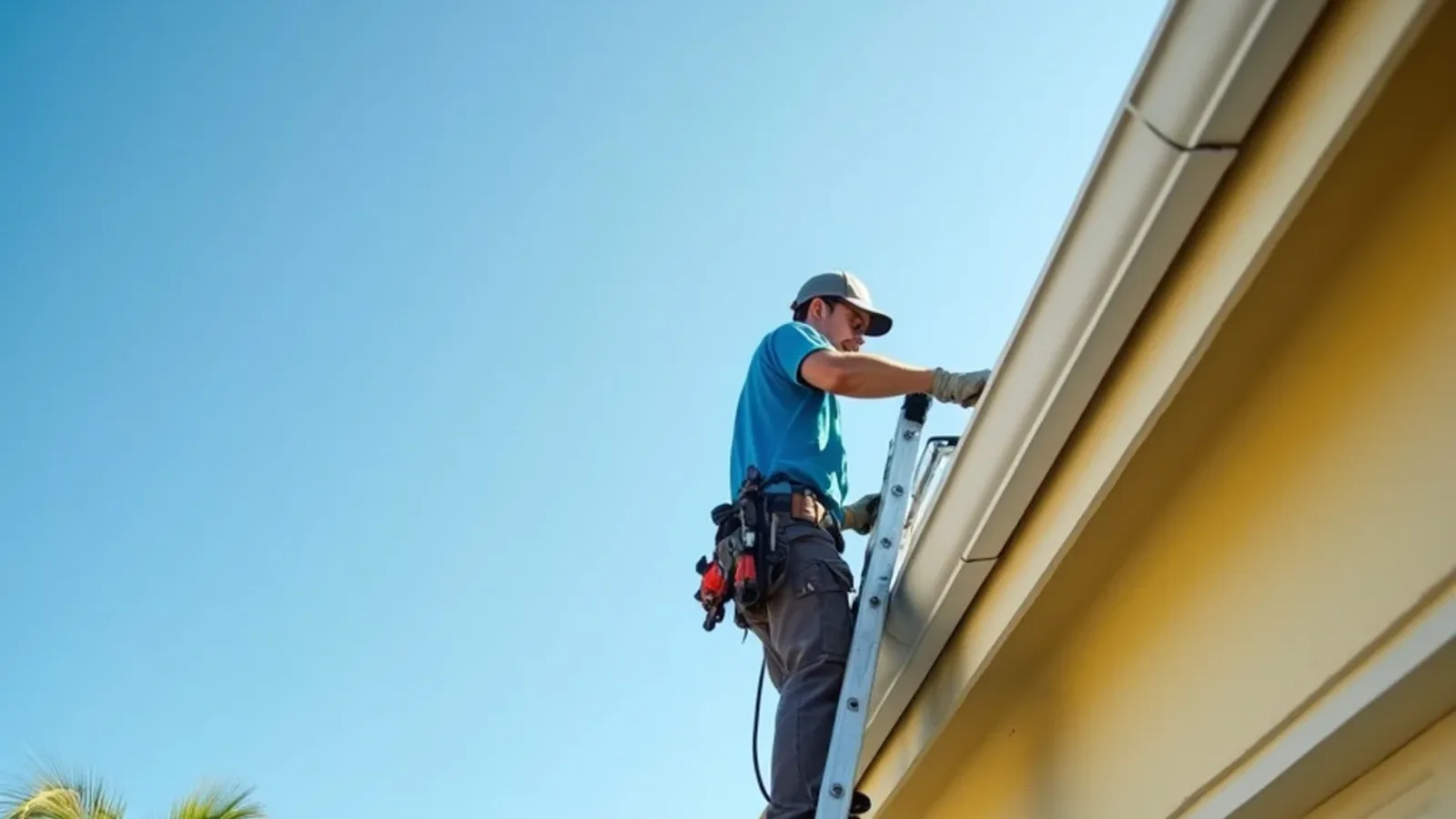 Technician on a tall extension ladder cleaning the upper gutter of a two-story stucco home