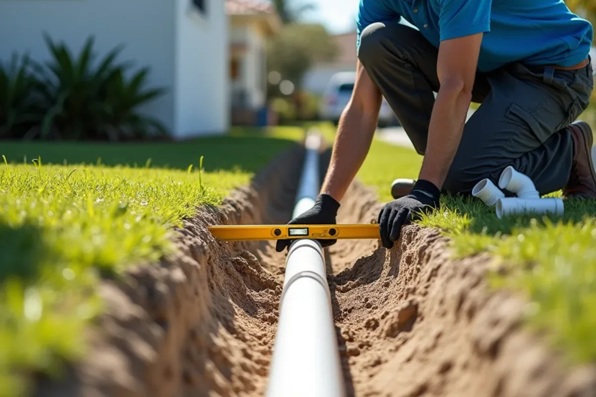 Worker checking the fall of buried downspout pipe with a level in sandy soil